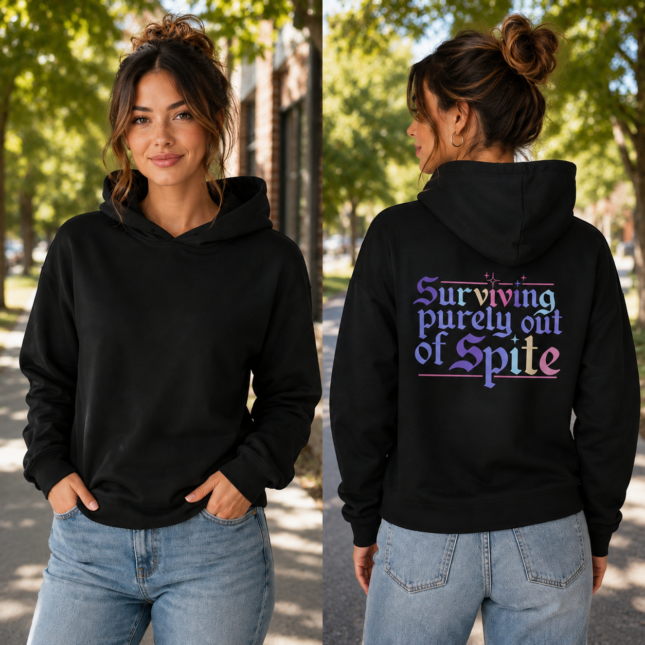 Hooded Long Sleeve Tee — “Surviving Purely Out of Spite” Pastel Gothic Back Print