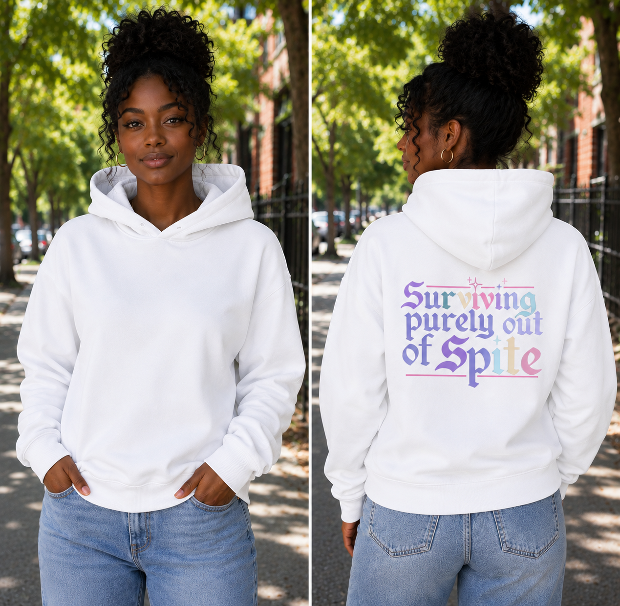 Hooded Long Sleeve Tee — “Surviving Purely Out of Spite” Pastel Gothic Back Print