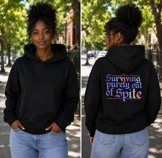 Hooded Long Sleeve Tee — “Surviving Purely Out of Spite” Pastel Gothic Back Print