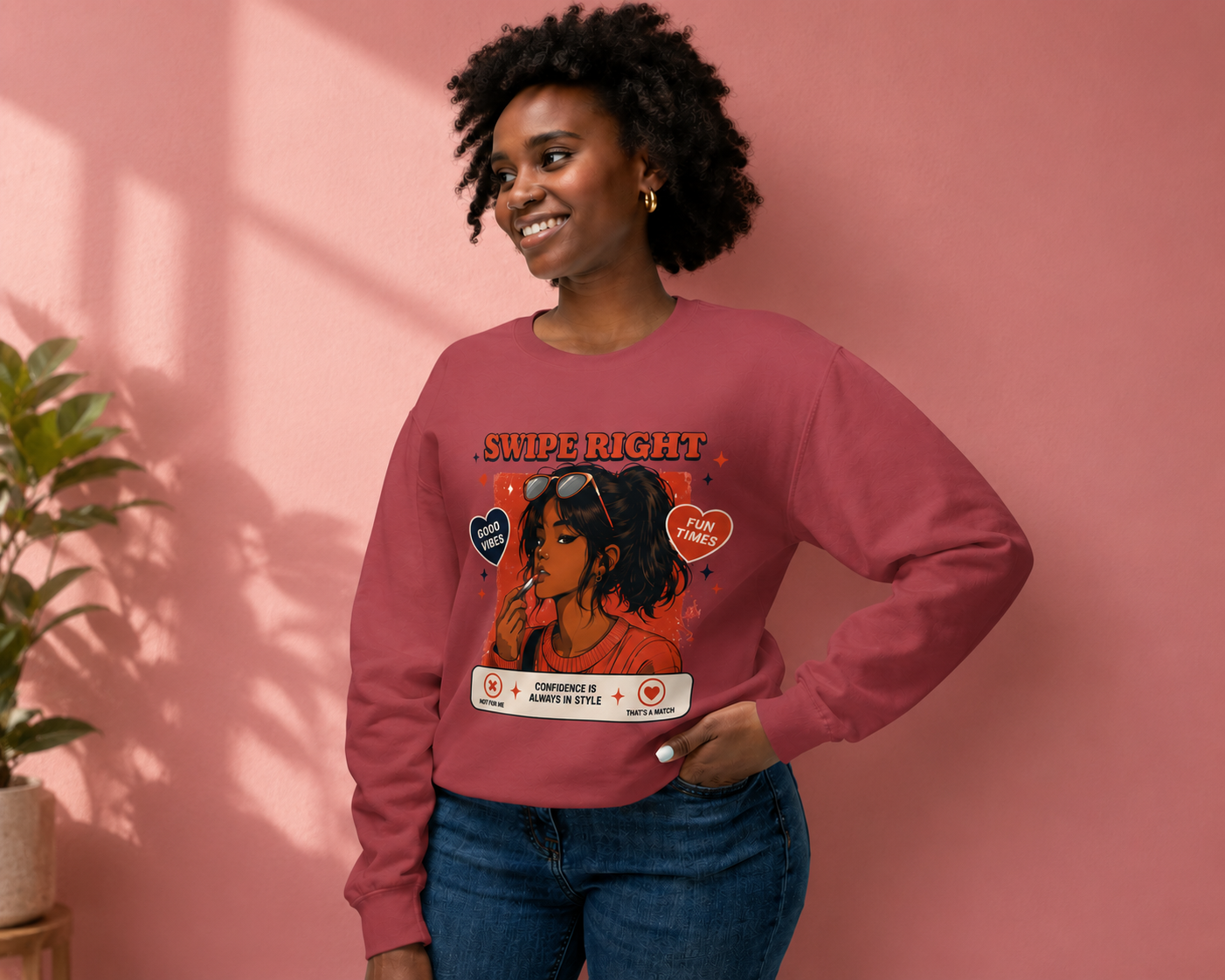 Swipe Right Crewneck Sweatshirt — Retro Dating Vibes Graphic Pullover